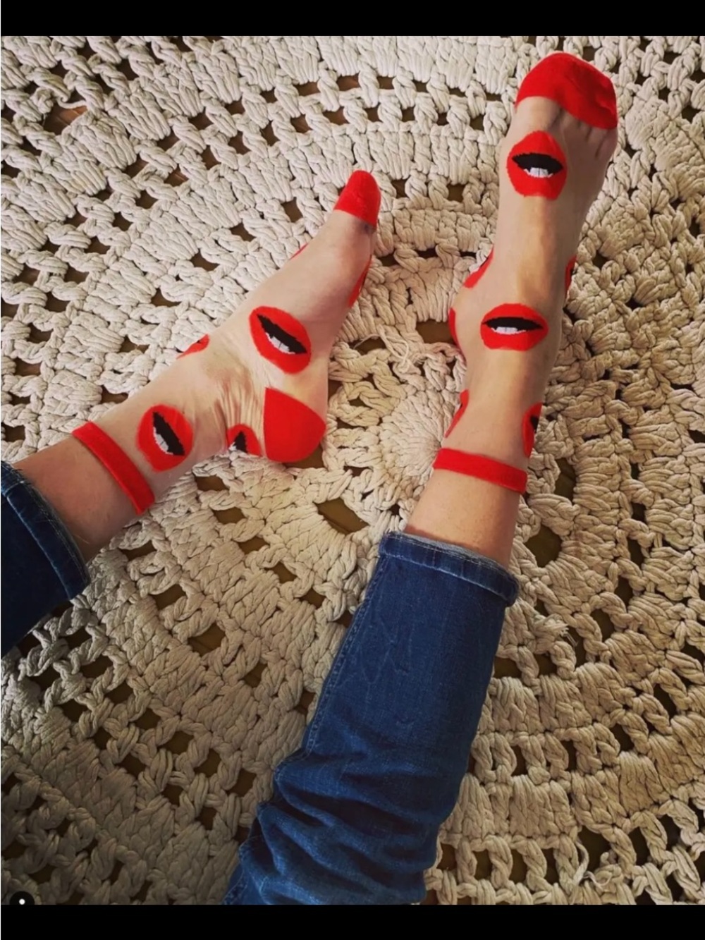 Sockette Red Sheer Ankle Socks with Lip Print - Women Accessories